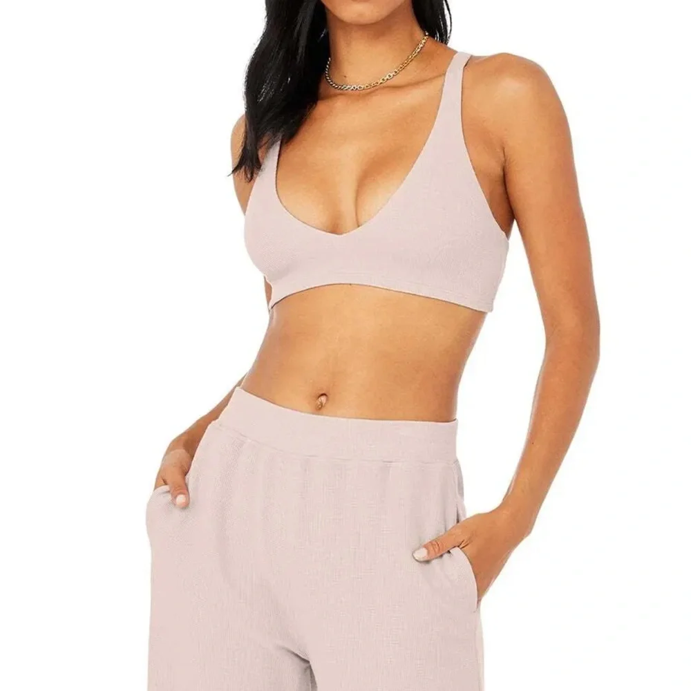 (SET) ALO Yoga Micro Waffle Pleasant Bra and Boy Shorts S Dusty Pink - Picture 2 of 5
